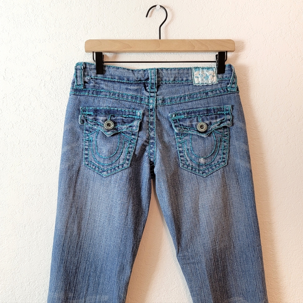 Vintage True Religion Y2K Womens Contrast Stitch Teal Twist Flare Jeans Size 26